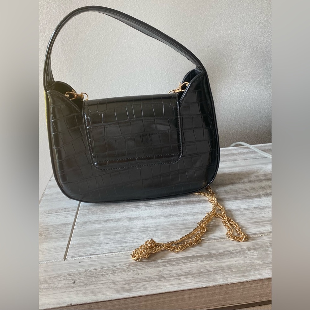 Urban Outfitters Black and Gold Shoulder Bag with Croc-Embossed Design